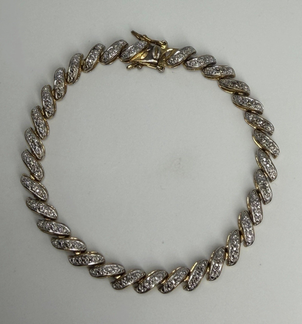 Vintage Ross Simons 925 Sterling Silver Two Tone Pave Twist Link Tennis Bracelet